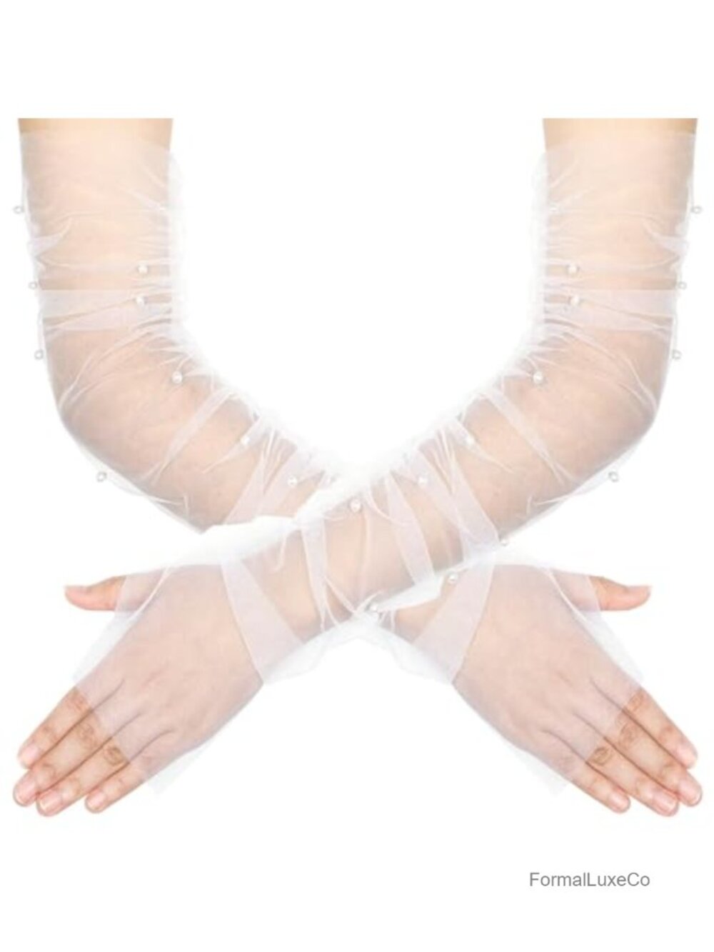 Long Ruched Fingerless Gloves with Pearl Tulle Mesh Wedding Bridal Opera